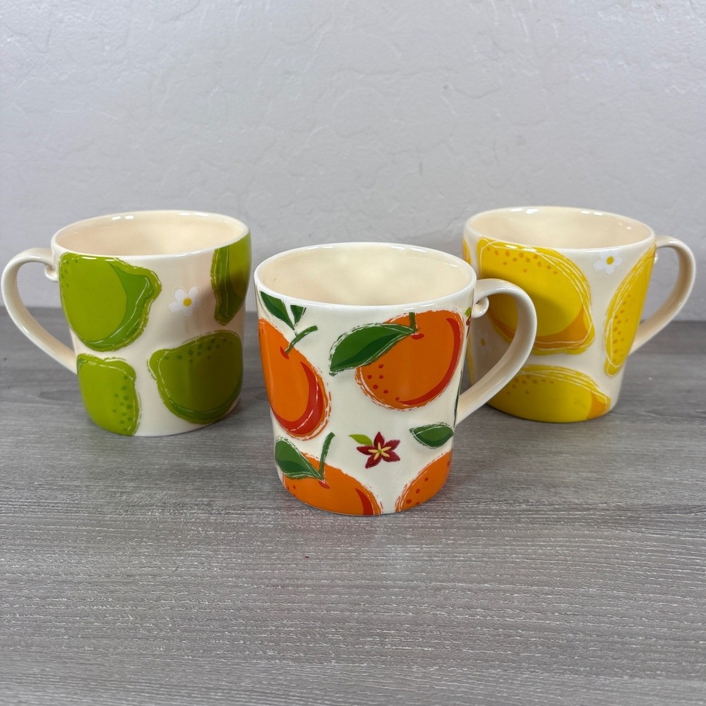 Starbucks 2006 Raised Fruit Mug Set 16oz Orange Lemon Lime Citrus Ceramic 3pc